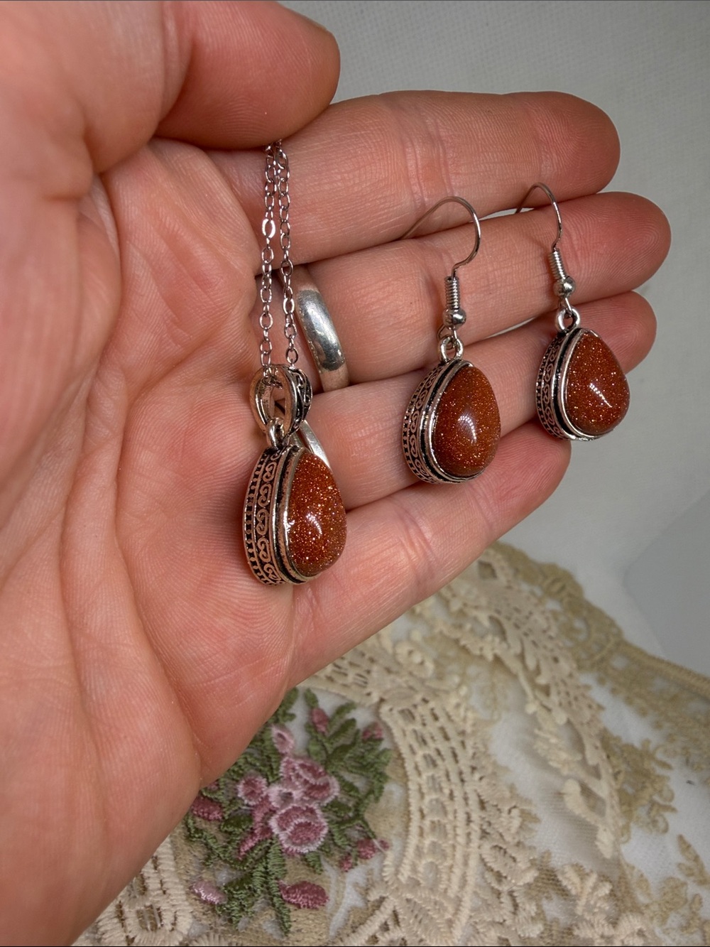 Natural Orange Sandstone Teardrop Necklace & Earrings Set | Silver Tone - Picture 4 of 6